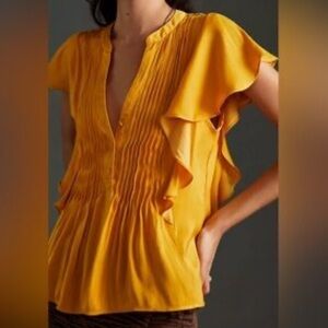 Anthropologie Marigold Yellow V-Neck Flounce Sleeve Button Accent Blouse Small